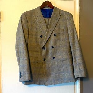 James Tattersall Gray Blue plaid Peak Lapel Double-Breasted 42R Pants 34x28